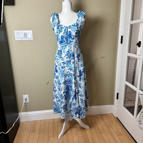 SHEIN Blue & White Floral Toile Midi Sundress Dress Size Small - Picture 3 of 12